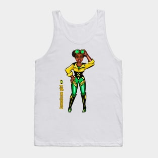 Anime Manga Jamaican sunshades yellow background - dressed in the colors colours of Jamaican flag in black green and gold inside a heart shape Tank Top